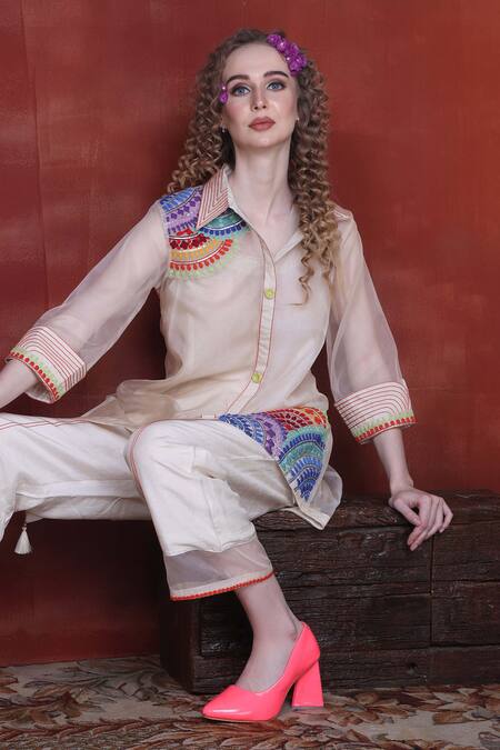 Sunita Nagi_Ivory Organza Embroidered Thread Collared Top Pant Set _Online_at_Aza_Fashions