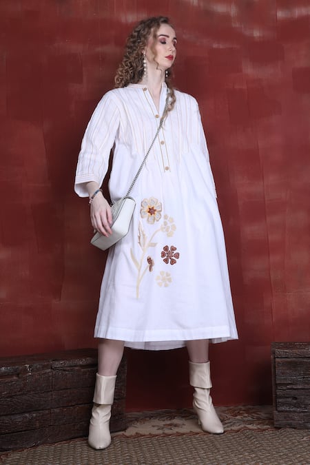 Shop Sunita Nagi White Linen Cotton Embroidered Leather Notched Floral Midi Dress at Aza Fashions Shop_Sunita Nagi_White Linen Cotton Embroidered Leather Notched Floral Midi Dress _at_Aza_Fashions