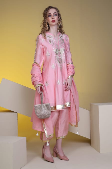 Sunita Nagi Pink Chanderi, Silk Applique, Mirrors, Embroidery Floral Anarkali Pant Set Online at Aza Fashions Sunita Nagi_Pink Chanderi, Silk Applique, Mirrors, Embroidery Floral Anarkali Pant Set _Online_at_Aza_Fashions