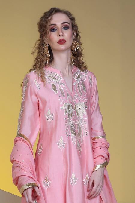 Buy Sunita Nagi Pink Chanderi, Silk Applique, Mirrors, Embroidery Floral Anarkali Pant Set Online at Aza Fashions Buy_Sunita Nagi_Pink Chanderi, Silk Applique, Mirrors, Embroidery Floral Anarkali Pant Set _Online_at_Aza_Fashions