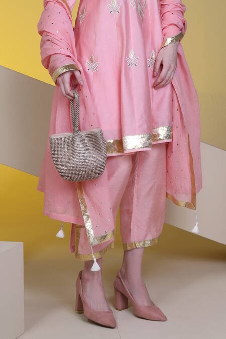 Shop Sunita Nagi Pink Chanderi, Silk Applique, Mirrors, Embroidery Floral Anarkali Pant Set Online at Aza Fashions Shop_Sunita Nagi_Pink Chanderi, Silk Applique, Mirrors, Embroidery Floral Anarkali Pant Set _Online_at_Aza_Fashions