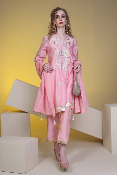 Buy Sunita Nagi Pink Chanderi, Silk Applique, Mirrors, Embroidery Floral Anarkali Pant Set Buy_Sunita Nagi_Pink Chanderi, Silk Applique, Mirrors, Embroidery Floral Anarkali Pant Set