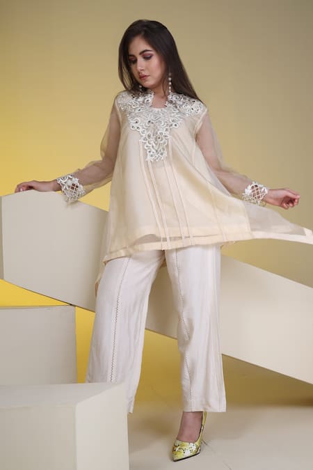 Sunita Nagi Beige Organza Embroidered Mirror Notched Floral Thread And Top Pant Set Online at Aza Fashions Sunita Nagi_Beige Organza Embroidered Mirror Notched Floral Thread And Top Pant Set _Online_at_Aza_Fashions