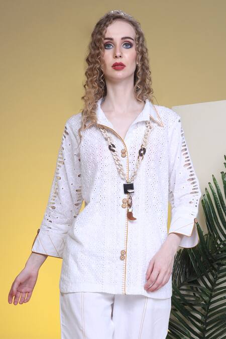 Buy Sunita Nagi White Shirt Hakoba Embroidered Thread Collared And Pant Set Online at Aza Fashions Buy_Sunita Nagi_White Shirt Hakoba Embroidered Thread Collared And Pant Set _Online_at_Aza_Fashions