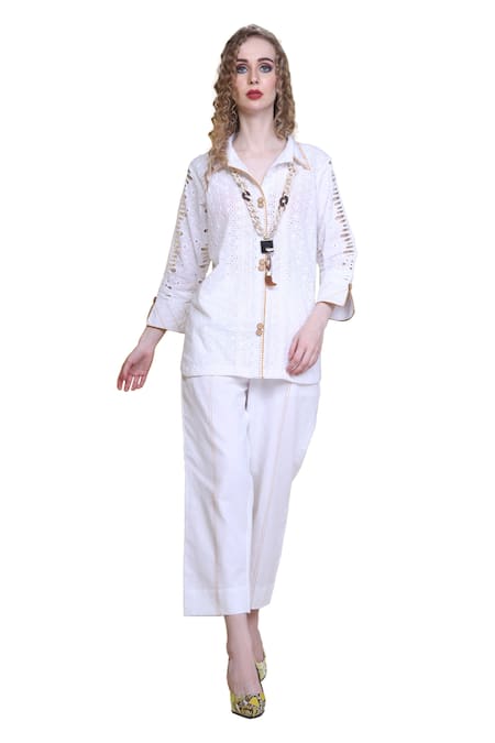 Sunita Nagi White Shirt Hakoba Embroidered Thread Collared And Pant Set at Aza Fashions Sunita Nagi_White Shirt Hakoba Embroidered Thread Collared And Pant Set _at_Aza_Fashions