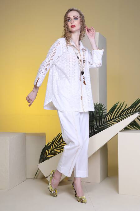 Buy Sunita Nagi White Shirt Hakoba Embroidered Thread Collared And Pant Set Buy_Sunita Nagi_White Shirt Hakoba Embroidered Thread Collared And Pant Set