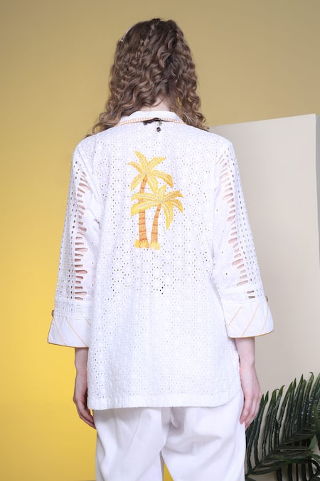 Shop Sunita Nagi White Shirt Hakoba Embroidered Thread Collared And Pant Set Shop_Sunita Nagi_White Shirt Hakoba Embroidered Thread Collared And Pant Set