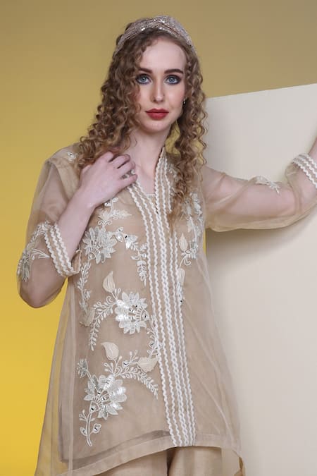 Buy_Sunita Nagi_Beige Organza, Silk Embroidery Collared Floral Thread Top And Pant Set _Online_at_Aza_Fashions