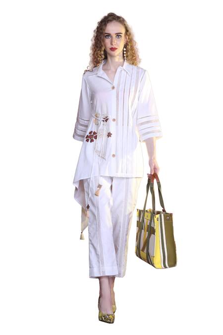 Sunita Nagi Ivory Linen Cotton Embroidered Thread Collared Floral Top And Pant Set at Aza Fashions Sunita Nagi_Ivory Linen Cotton Embroidered Thread Collared Floral Top And Pant Set _at_Aza_Fashions