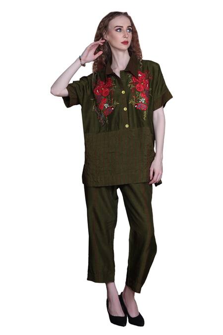 Buy Sunita Nagi Green Dupion Silk Embroidered Floral Collared Shirt And Pant Set Online at Aza Fashions Buy_Sunita Nagi_Green Dupion Silk Embroidered Floral Collared Shirt And Pant Set _Online_at_Aza_Fashions