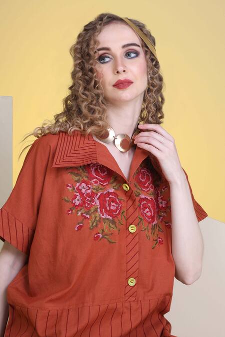 Buy Sunita Nagi Maroon Top Linen Embroidered Floral Collared Shirt And Pant Set Online at Aza Fashions Buy_Sunita Nagi_Maroon Top Linen Embroidered Floral Collared Shirt And Pant Set _Online_at_Aza_Fashions