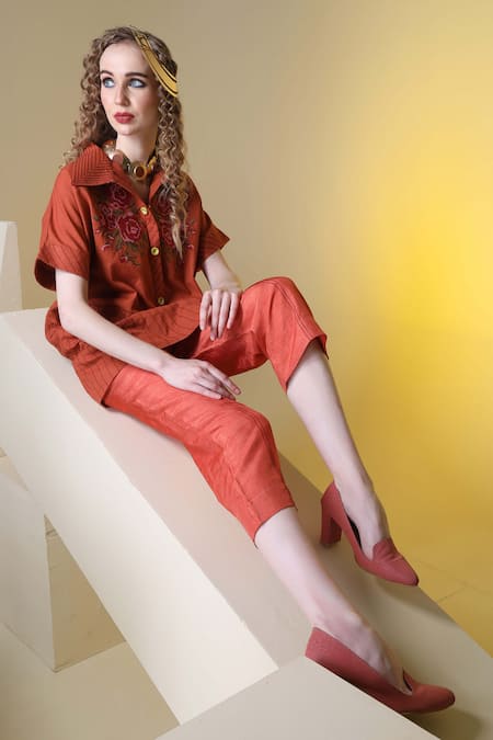 Shop Sunita Nagi Maroon Top Linen Embroidered Floral Collared Shirt And Pant Set Online at Aza Fashions Shop_Sunita Nagi_Maroon Top Linen Embroidered Floral Collared Shirt And Pant Set _Online_at_Aza_Fashions