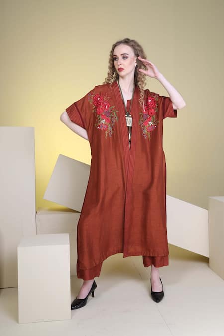 Sunita Nagi_Maroon Silk Embroidery Open Neck Floral Jacket Pant Set _Online_at_Aza_Fashions