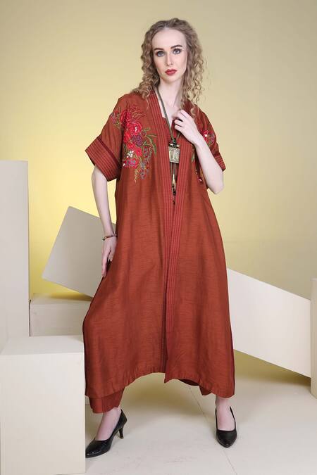 Buy_Sunita Nagi_Maroon Silk Embroidery Open Neck Floral Jacket Pant Set _Online_at_Aza_Fashions