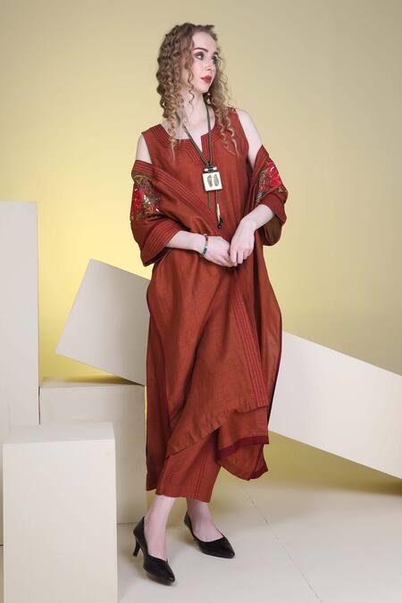 Shop_Sunita Nagi_Maroon Silk Embroidery Open Neck Floral Jacket Pant Set _Online_at_Aza_Fashions