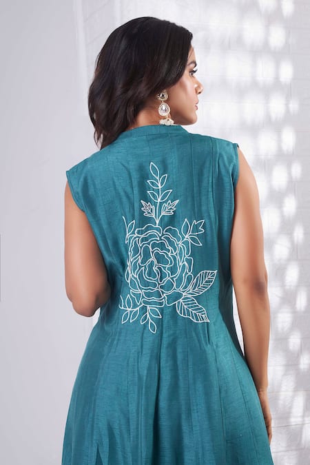 Sunita Nagi Blue Viscose, Organza, Denim Mirrors, Foil Blossom Cutwork Jacket Pant Set Online at Aza Fashions Sunita Nagi_Blue Viscose, Organza, Denim Mirrors, Foil Blossom Cutwork Jacket Pant Set _Online_at_Aza_Fashions