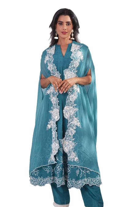 Buy Sunita Nagi Blue Viscose, Organza, Denim Mirrors, Foil Blossom Cutwork Jacket Pant Set Online at Aza Fashions Buy_Sunita Nagi_Blue Viscose, Organza, Denim Mirrors, Foil Blossom Cutwork Jacket Pant Set _Online_at_Aza_Fashions