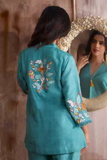 Sunita Nagi Blue Dupion Lining(top) Mul Embroidery Gardenia Cuban Collar Top With Pant Online at Aza Fashions Sunita Nagi_Blue Dupion Lining(top) Mul Embroidery Gardenia Cuban Collar Top With Pant _Online_at_Aza_Fashions