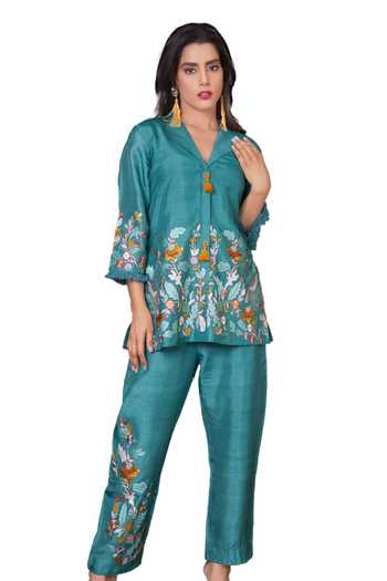 Buy Sunita Nagi Blue Dupion Lining(top) Mul Embroidery Gardenia Cuban Collar Top With Pant Online at Aza Fashions Buy_Sunita Nagi_Blue Dupion Lining(top) Mul Embroidery Gardenia Cuban Collar Top With Pant _Online_at_Aza_Fashions