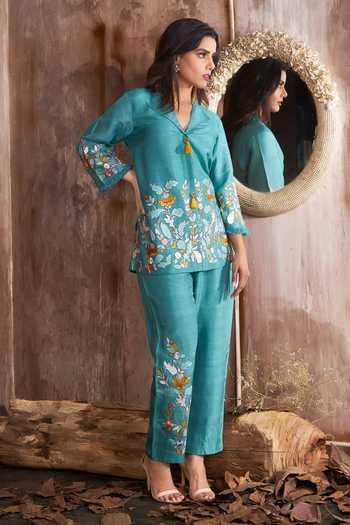 Shop Sunita Nagi Blue Dupion Lining(top) Mul Embroidery Gardenia Cuban Collar Top With Pant Online at Aza Fashions Shop_Sunita Nagi_Blue Dupion Lining(top) Mul Embroidery Gardenia Cuban Collar Top With Pant _Online_at_Aza_Fashions