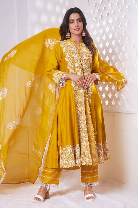 Sunita Nagi_Yellow Chanderi, Georgette, Denim Embroidery Mandala Bloom Aari Kurta Pant Set _Online_at_Aza_Fashions