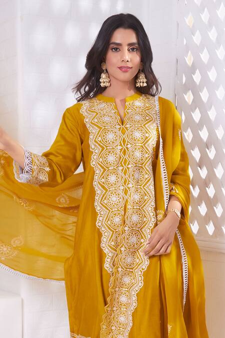 Buy_Sunita Nagi_Yellow Chanderi, Georgette, Denim Embroidery Mandala Bloom Aari Kurta Pant Set _Online_at_Aza_Fashions