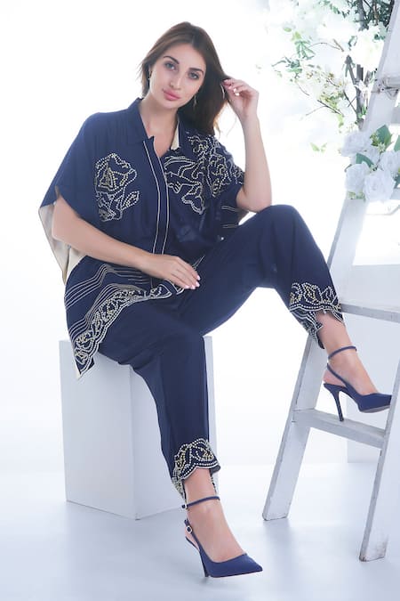 Sunita Nagi Blue Russian Silk Embroidery French Knot Collar Bloomy Top With Pant Online at Aza Fashions Sunita Nagi_Blue Russian Silk Embroidery French Knot Collar Bloomy Top With Pant _Online_at_Aza_Fashions