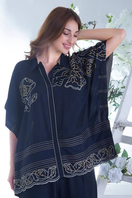 Buy Sunita Nagi Blue Russian Silk Embroidery French Knot Collar Bloomy Top With Pant Online at Aza Fashions Buy_Sunita Nagi_Blue Russian Silk Embroidery French Knot Collar Bloomy Top With Pant _Online_at_Aza_Fashions