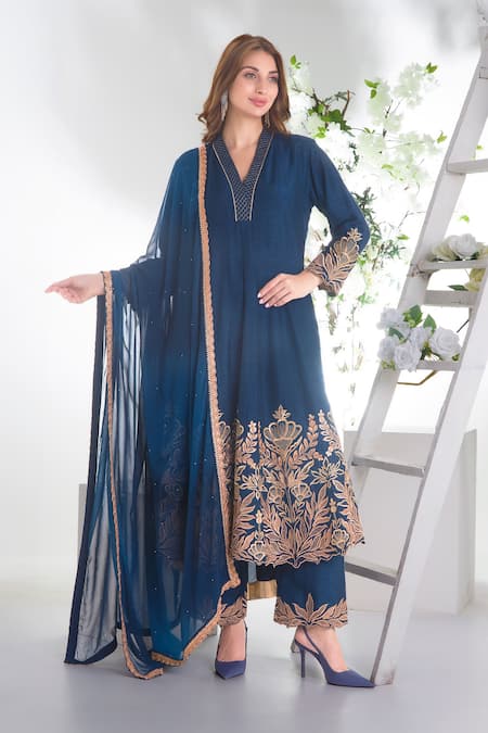 Sunita Nagi Blue Dupion Silk Embroidery Gul Garden V Neck Anarkali Set 