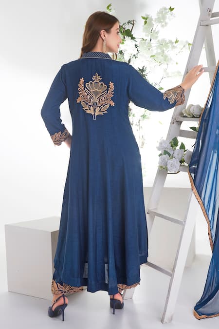 Sunita Nagi Blue Denim, Georgette Embroidery V-neck Gul Garden Anarkali Set Online at Aza Fashions Sunita Nagi_Blue Denim, Georgette Embroidery V-neck Gul Garden Anarkali Set _Online_at_Aza_Fashions