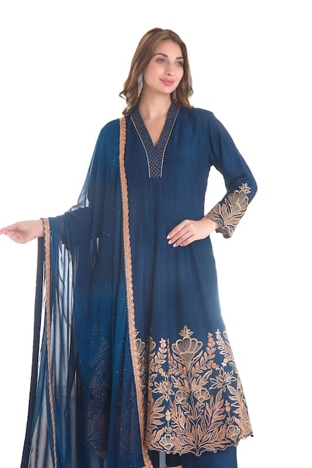 Buy Sunita Nagi Blue Denim, Georgette Embroidery V-neck Gul Garden Anarkali Set Online at Aza Fashions Buy_Sunita Nagi_Blue Denim, Georgette Embroidery V-neck Gul Garden Anarkali Set _Online_at_Aza_Fashions