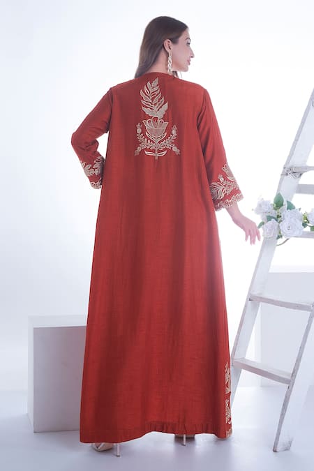 Sunita Nagi Maroon Silk, Crepe Embroidery Open Neck Gul Jacket With Inner Draped Kurta Online at Aza Fashions Sunita Nagi_Maroon Silk, Crepe Embroidery Open Neck Gul Jacket With Inner Draped Kurta _Online_at_Aza_Fashions