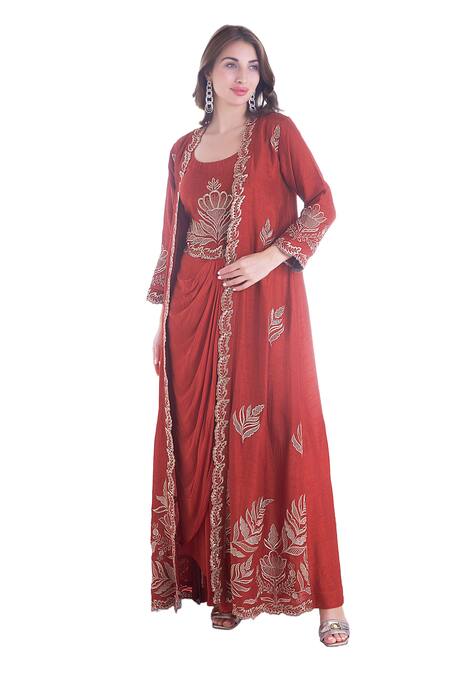 Buy Sunita Nagi Maroon Silk, Crepe Embroidery Open Neck Gul Jacket With Inner Draped Kurta Online at Aza Fashions Buy_Sunita Nagi_Maroon Silk, Crepe Embroidery Open Neck Gul Jacket With Inner Draped Kurta _Online_at_Aza_Fashions