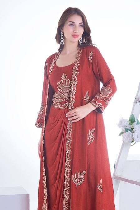 Shop Sunita Nagi Maroon Silk, Crepe Embroidery Open Neck Gul Jacket With Inner Draped Kurta Online at Aza Fashions Shop_Sunita Nagi_Maroon Silk, Crepe Embroidery Open Neck Gul Jacket With Inner Draped Kurta _Online_at_Aza_Fashions