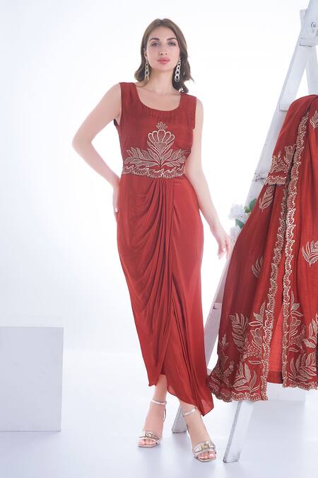 Buy Sunita Nagi Maroon Silk, Crepe Embroidery Open Neck Gul Jacket With Inner Draped Kurta Buy_Sunita Nagi_Maroon Silk, Crepe Embroidery Open Neck Gul Jacket With Inner Draped Kurta