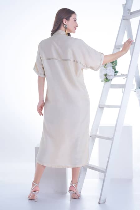 Sunita Nagi Beige Silk, Linen Embroidery Collared Rose Bloom Dress Online at Aza Fashions Sunita Nagi_Beige Silk, Linen Embroidery Collared Rose Bloom Dress _Online_at_Aza_Fashions