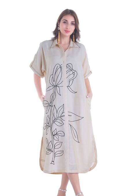 Buy Sunita Nagi Beige Silk, Linen Embroidery Collared Rose Bloom Dress Online at Aza Fashions Buy_Sunita Nagi_Beige Silk, Linen Embroidery Collared Rose Bloom Dress _Online_at_Aza_Fashions