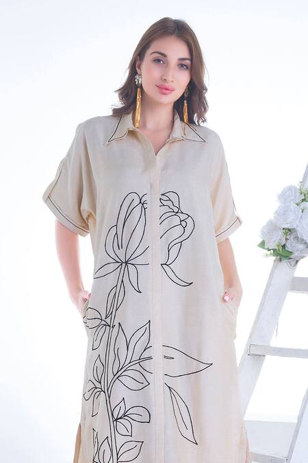 Shop Sunita Nagi Beige Silk, Linen Embroidery Collared Rose Bloom Dress Online at Aza Fashions Shop_Sunita Nagi_Beige Silk, Linen Embroidery Collared Rose Bloom Dress _Online_at_Aza_Fashions