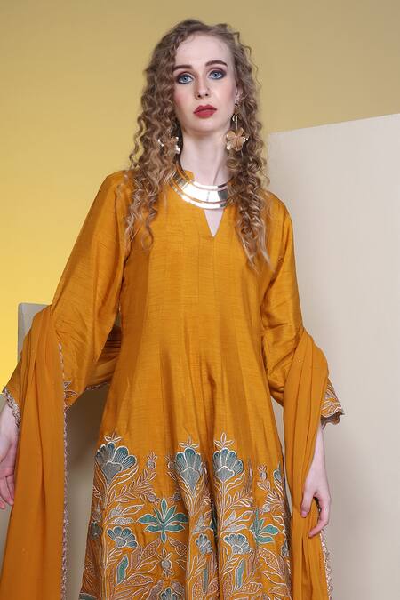 Buy_Sunita Nagi_Yellow Silk, Georgette Embroidery Round Neck Fleur Garden Anarkali Pant Set _Online_at_Aza_Fashions