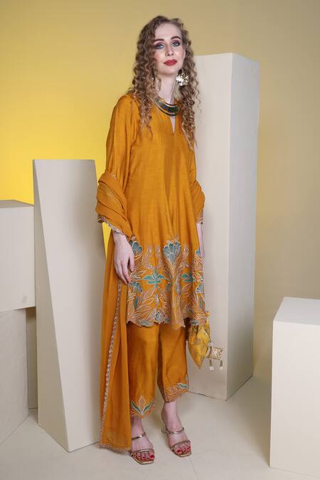 Shop_Sunita Nagi_Yellow Silk, Georgette Embroidery Round Neck Fleur Garden Anarkali Pant Set _Online_at_Aza_Fashions