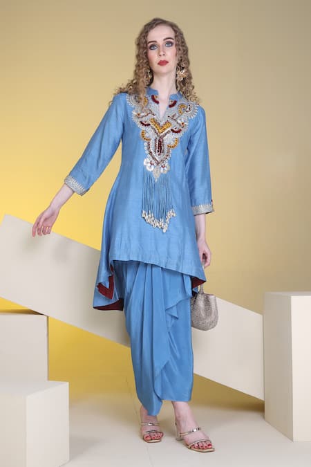Sunita Nagi Blue Silk, Crepe Tassels Damask Yoke Embroidered Kurta With Draped Skirt Online at Aza Fashions Sunita Nagi_Blue Silk, Crepe Tassels Damask Yoke Embroidered Kurta With Draped Skirt _Online_at_Aza_Fashions