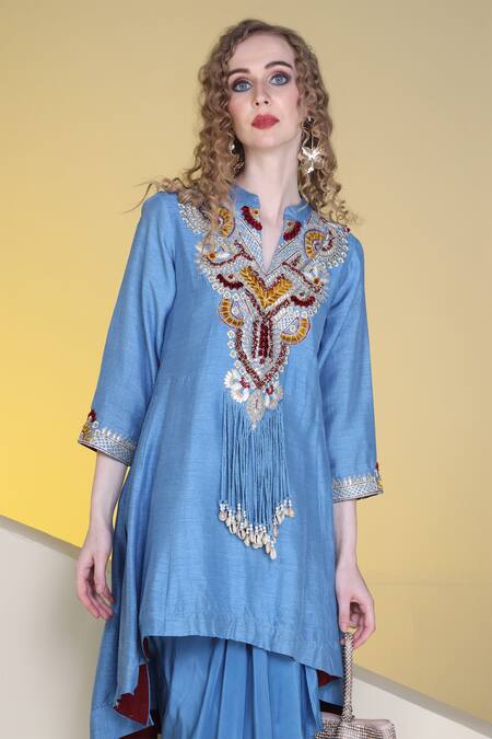 Buy Sunita Nagi Blue Silk, Crepe Tassels Damask Yoke Embroidered Kurta With Draped Skirt Online at Aza Fashions Buy_Sunita Nagi_Blue Silk, Crepe Tassels Damask Yoke Embroidered Kurta With Draped Skirt _Online_at_Aza_Fashions