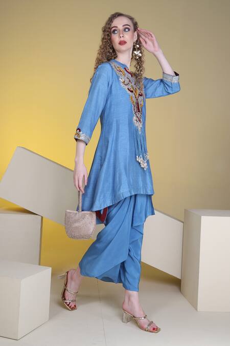 Shop Sunita Nagi Blue Silk, Crepe Tassels Damask Yoke Embroidered Kurta With Draped Skirt Online at Aza Fashions Shop_Sunita Nagi_Blue Silk, Crepe Tassels Damask Yoke Embroidered Kurta With Draped Skirt _Online_at_Aza_Fashions