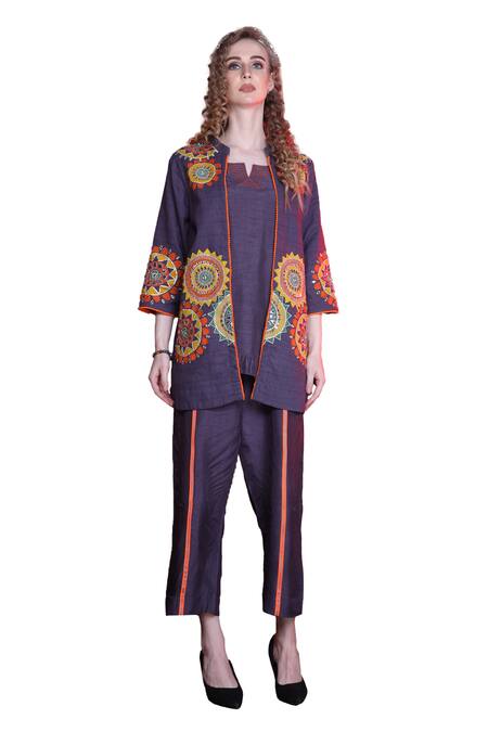 Buy_Sunita Nagi_Purple Linen, Cotton Embroidery, Mirrors Mandarin Mandala Aari Jacket Pant Set _Online_at_Aza_Fashions