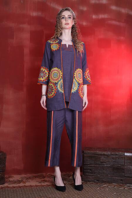 Shop_Sunita Nagi_Purple Linen, Cotton Embroidery, Mirrors Mandarin Mandala Aari Jacket Pant Set _Online_at_Aza_Fashions