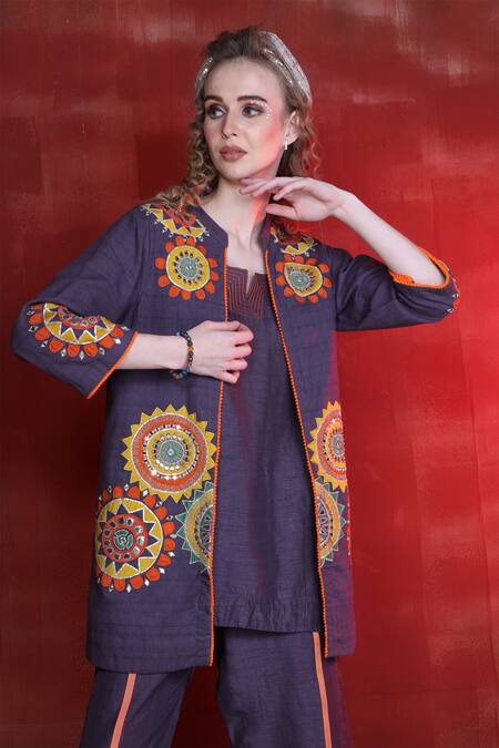 Sunita Nagi_Purple Linen, Cotton Embroidery, Mirrors Mandarin Mandala Aari Jacket Pant Set _at_Aza_Fashions