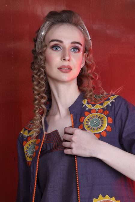 Buy_Sunita Nagi_Purple Linen, Cotton Embroidery, Mirrors Mandarin Mandala Aari Jacket Pant Set 