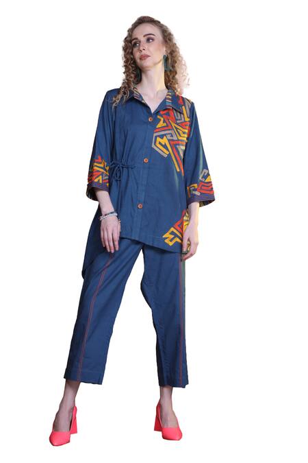 Shop_Sunita Nagi_Blue Linen Cotton Embroidery Aari Collar Maze Asymmetric Top With Pant _Online_at_Aza_Fashions