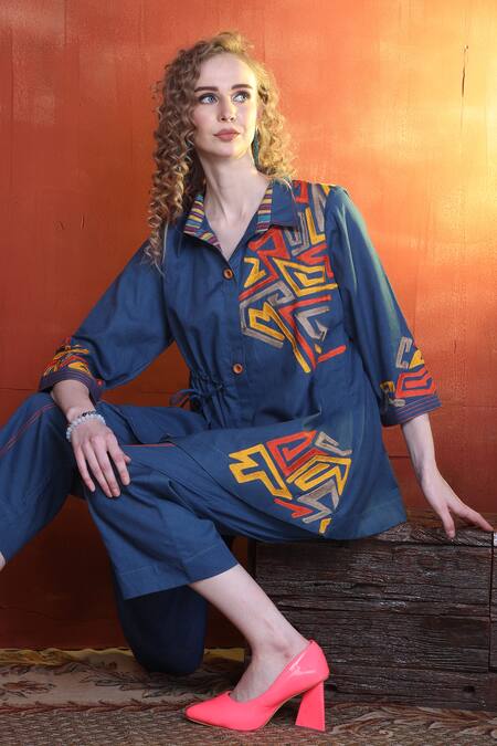 Buy_Sunita Nagi_Blue Linen Cotton Embroidery Aari Collar Maze Asymmetric Top With Pant 