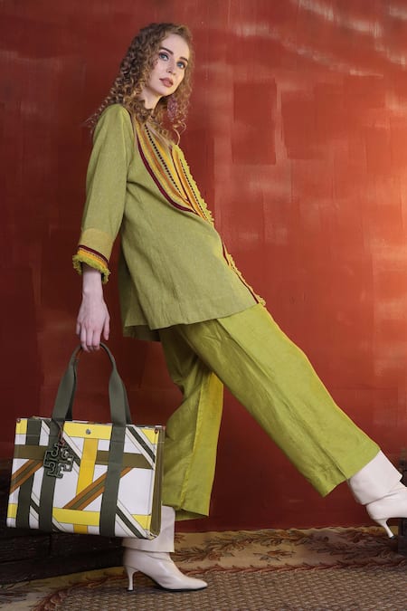 Buy_Sunita Nagi_Green Jersey, Silk Embroidery Button-down Neck Dot Aari Jacket Pant Set _Online_at_Aza_Fashions